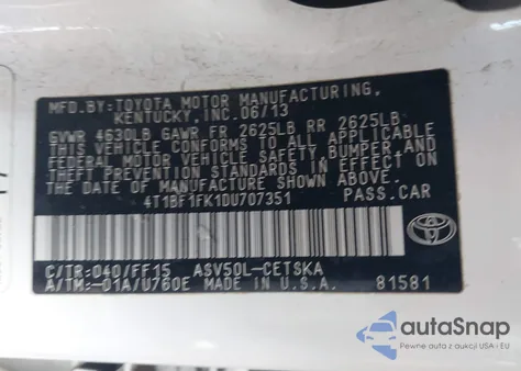 2013 Toyota Camry Se z USA, uszkodzony, nr VIN 4T1BF1FK1DU707351